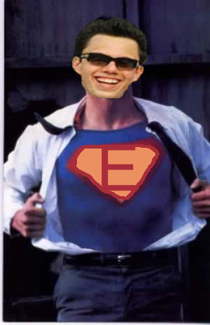 Euge as Superman, with an E on his chest